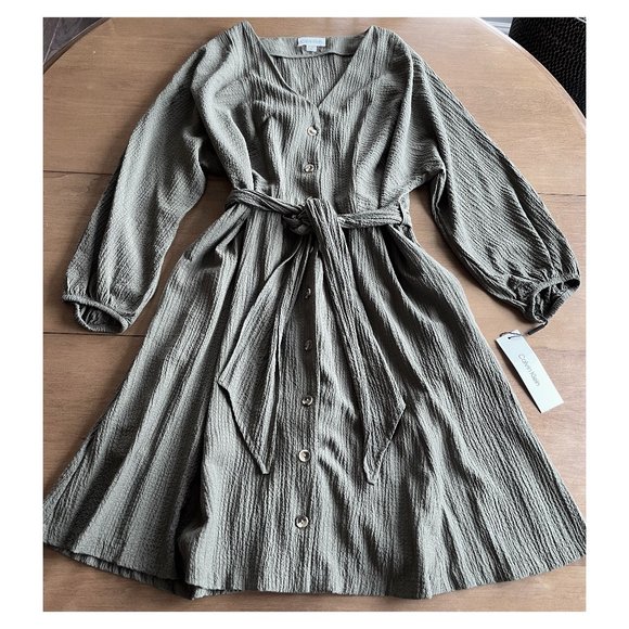 NWT: Calvin Klein Crinkle Belted Shirt Dress - Picture 3 of 10